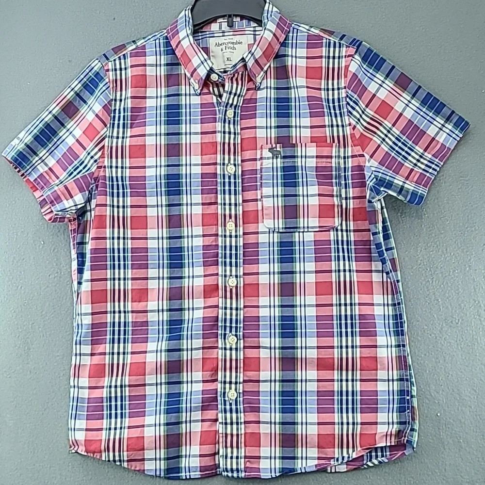 ABERCROMBIE & FITCH Boys Button Down Short Sleeve Red Blue Plaid Shirt - Size XL